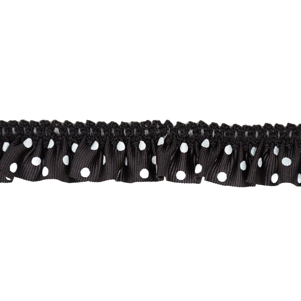 European Black and White Polka Dot Ruffled Stretch Grosgrain .875