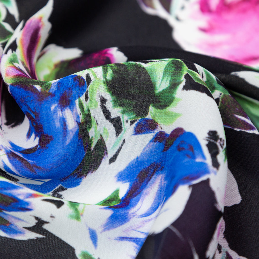 Milly Italian Black, Ibis Rose and Princess Blue Floral Silk Georgette - Joann Fabrics