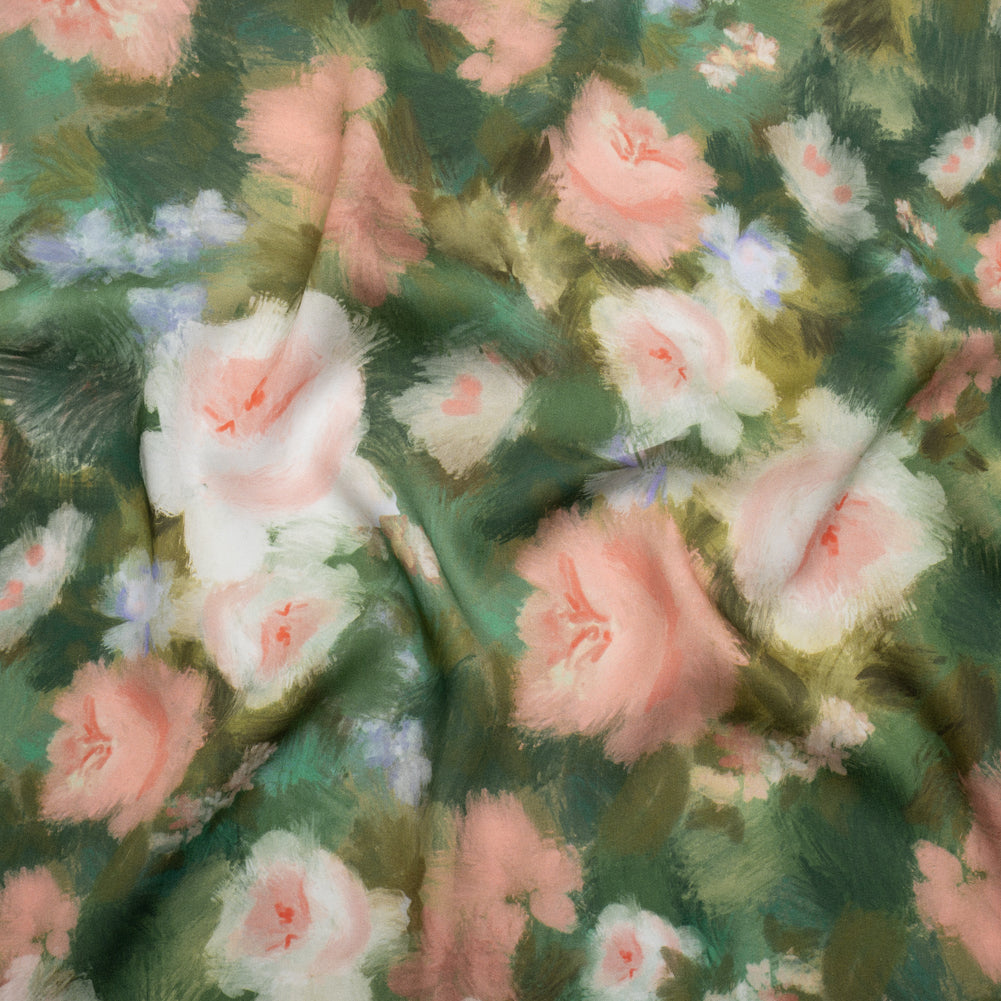 Rayon Challis - Green, Pink and Pale Purple Painterly Flowers - Mood Exclusive Impressions of Spring Print - Joann Fabrics