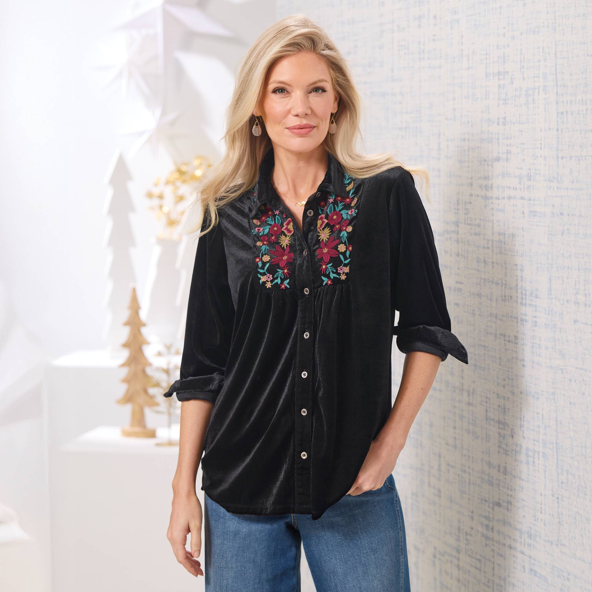 Embroidered Knit Velvet Shirt, Button Front, Side Slits - Northstyle Catalog