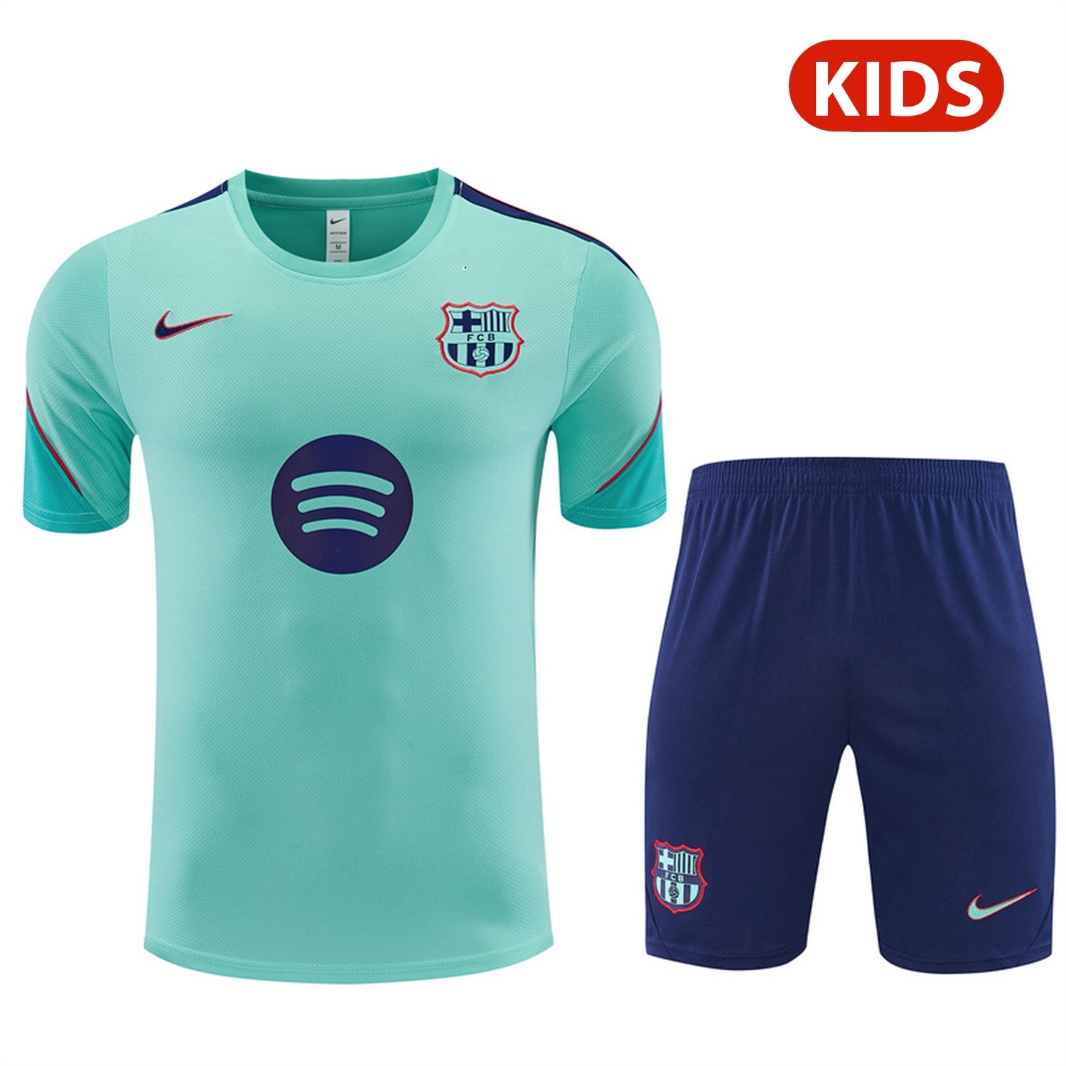 Barcelona 26-27 Kids Short-Sleeve Training Set - Mint Green Top & Deep Blue Shorts - UnitedFutballJersey