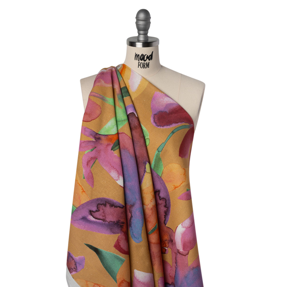 Linen and Rayon Woven - Yellow Ochre, Pink and Purple Watercolor Florals - Mood Exclusive Watercolor Whimsy Print - Joann Fabrics