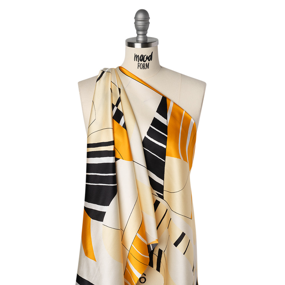 Silk Charmeuse Print 16MM, Made in Italy - Off White, Golden Yellow and Black Abstract - Joann Fabrics