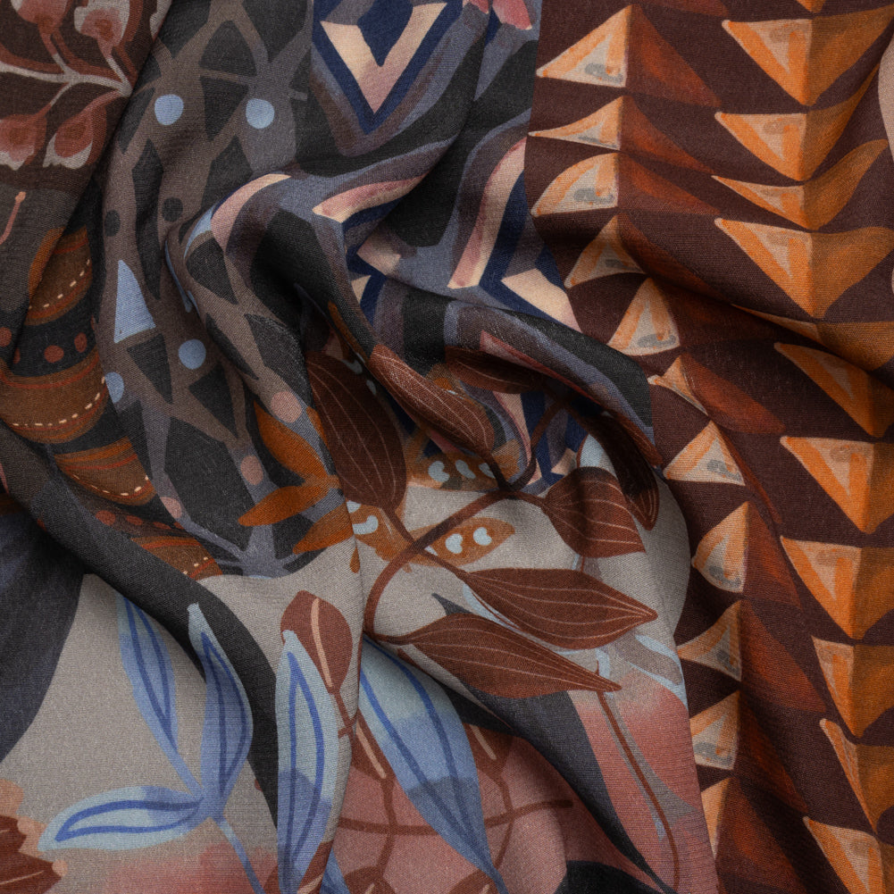 Sustainable Viscose Crepe Print - Navy and Dark Red Floral and Geometric Stripe Patchwork - Mood Exclusive Autumn Equinox - Joann Fabrics