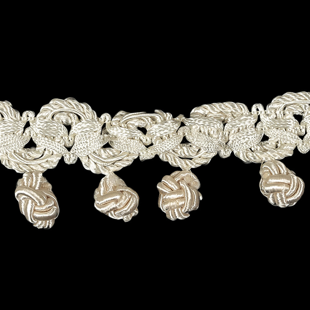 Vintage Ivory Braided Trim with Knotted Ball Fringe - 1.25