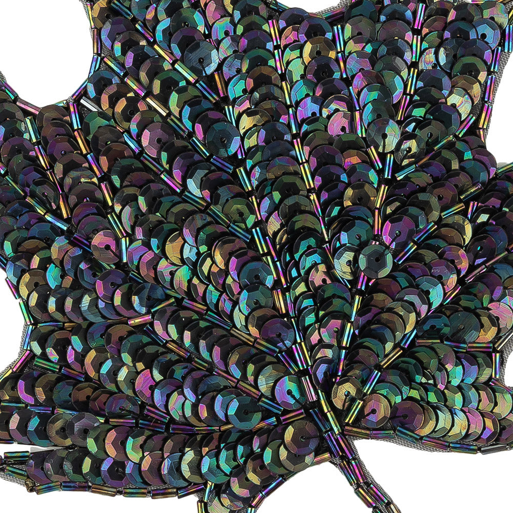 Vintage Black Iris Sequins and Bugle Beaded Large Leaf Applique - 7.375