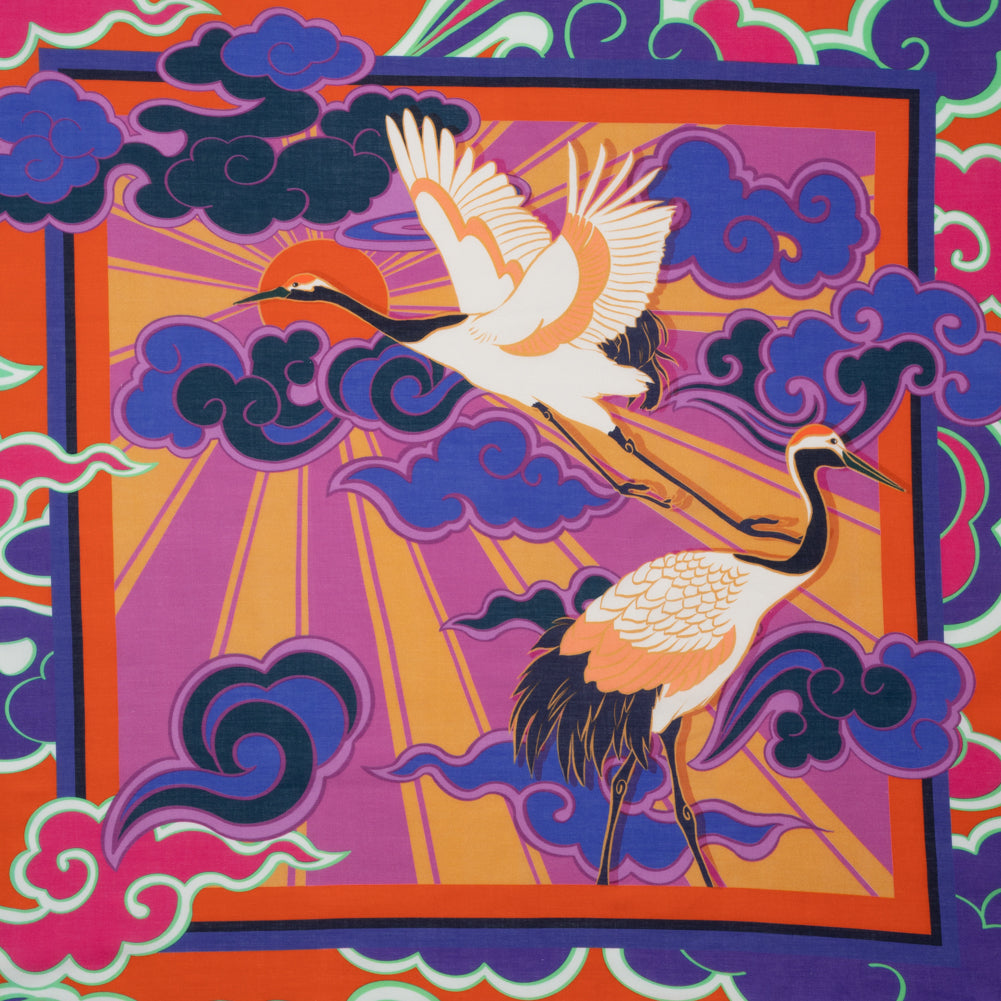 Cotton Voile Panel - Purple and Orange Cranes and Clouds - Sunrise Flight Print - Mood Exclusive Chariot Collection - Joann Fabrics