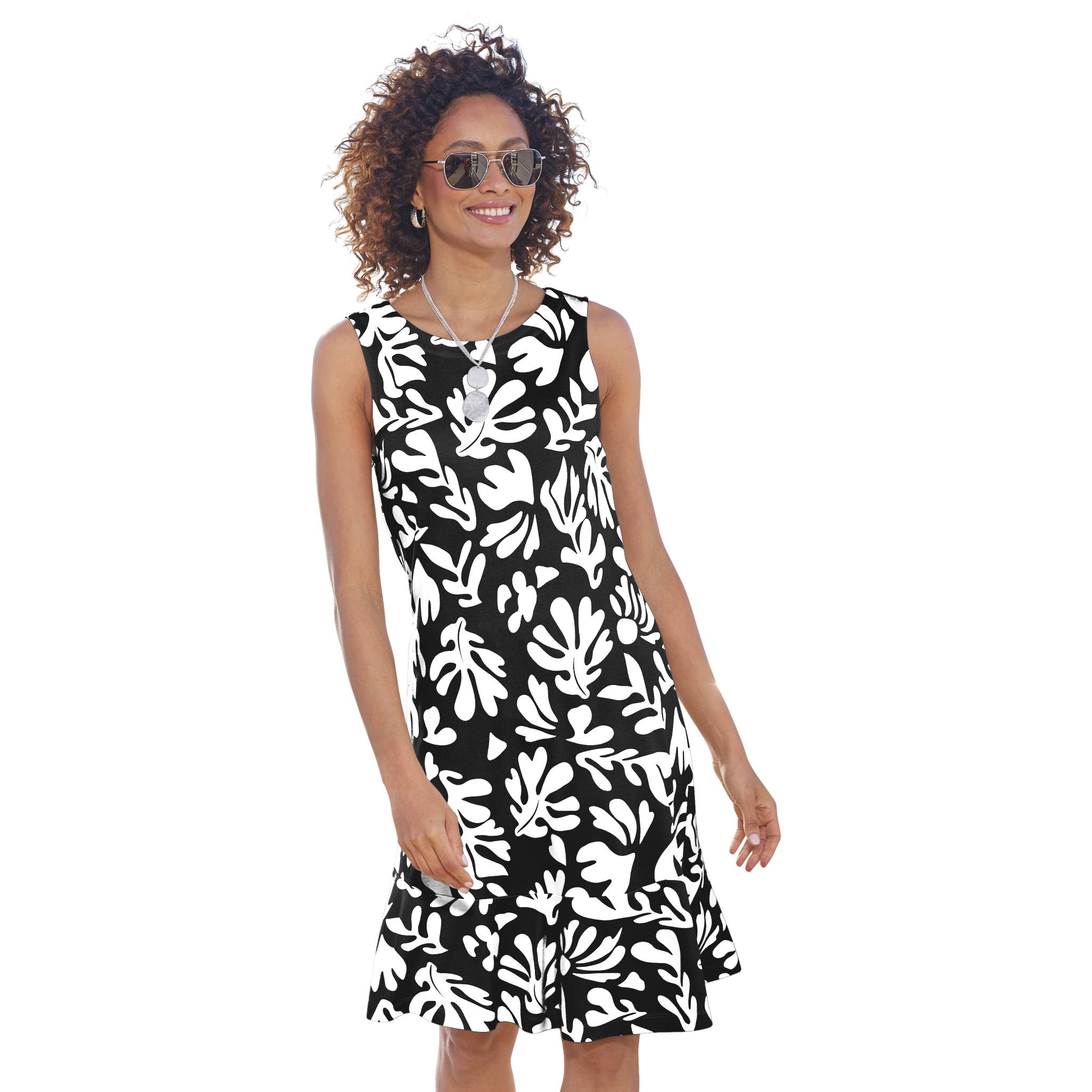 Sleeveless Leaf-Print Knit Dress, Boatneck, Back Zip - Northstyle Catalog