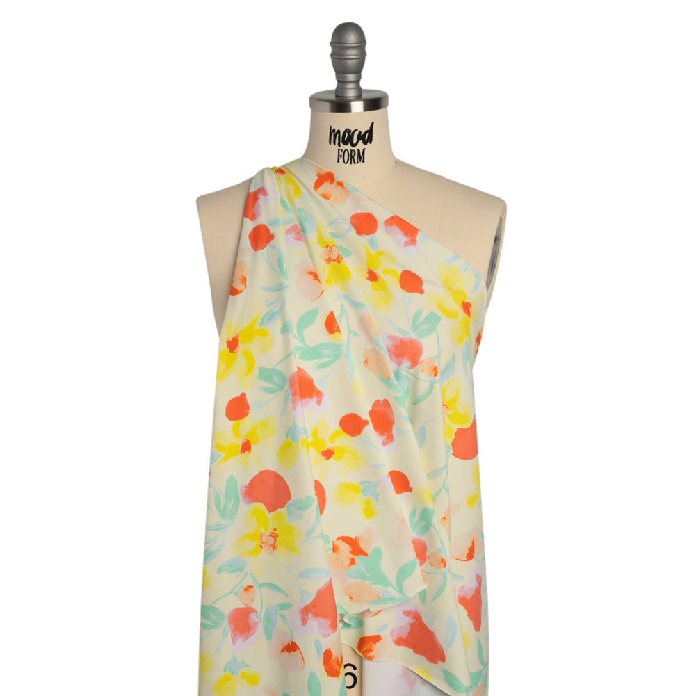 Stretch Nylon Swimwear Tricot - Lemon Yellow, Red Orange and Mint Green Painted Flowers - Designer Deadstock - Joann Fabrics