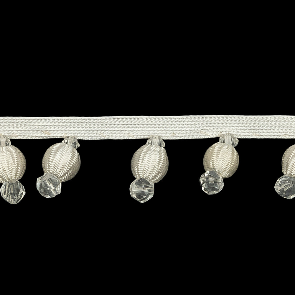 Vintage Ivory Fabric Covered and Crystal Beaded Fringe Trim on Ivory Tape - 0.875
