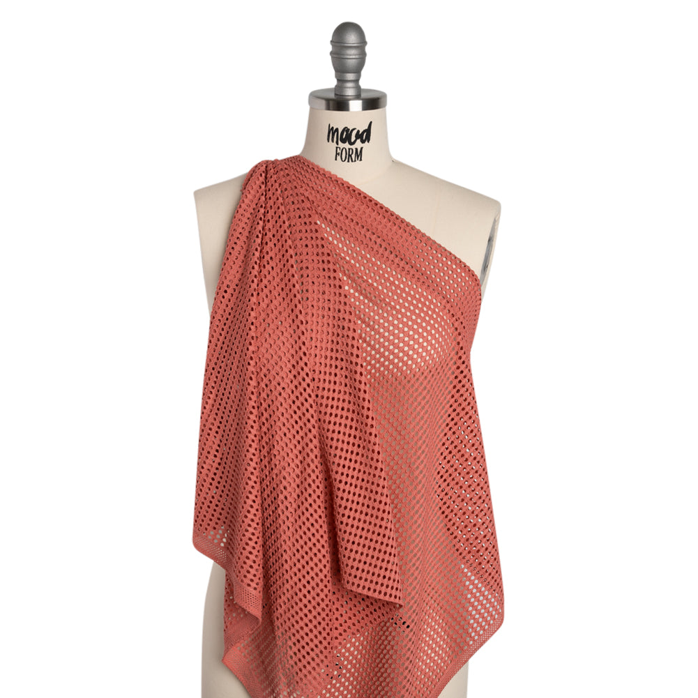 Stretch Polyester Eyelet Knit - Muted Coral Rows of Dots - Designer Deadstock - Joann Fabrics