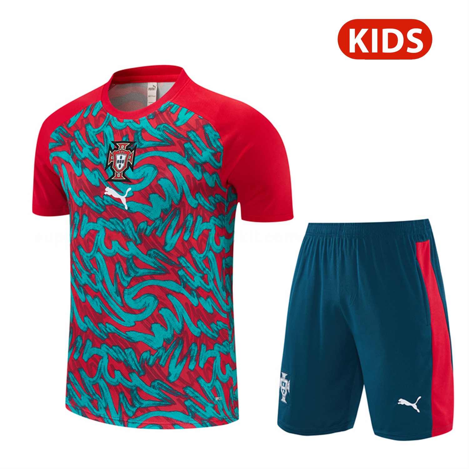 Portugal 2026 Kids Short-Sleeve Training Set - Red And Turquoise With A Swirling Pattern Top & Pants - UnitedFutballJersey