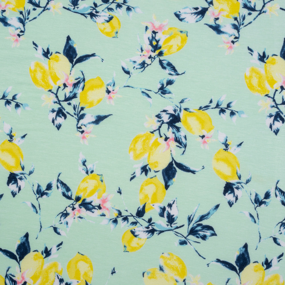Stretch Rayon Jersey - Mint, Teal and Yellow Lemons on Trees - Deadstock - Joann Fabrics