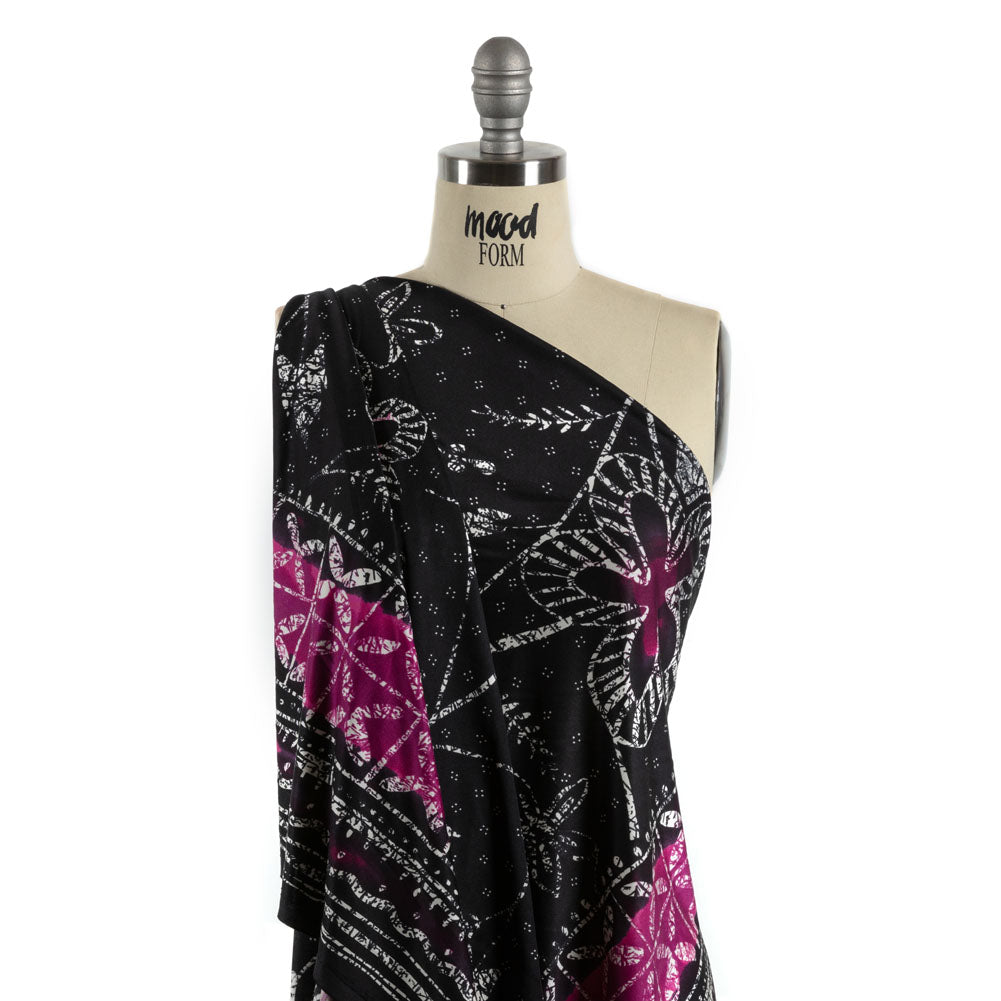 Fuchsia, Black and White Floral and Striped Batik Inspired Silk Interlock Knit - Joann Fabrics