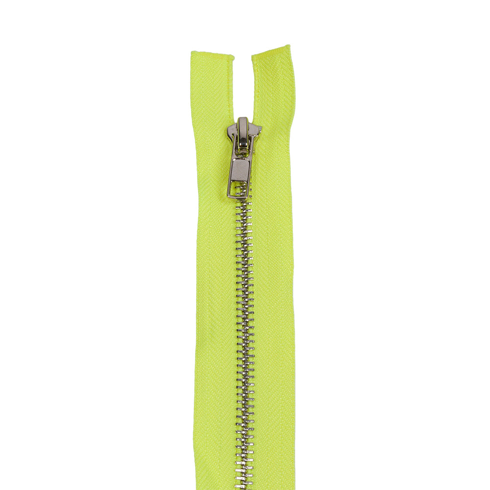 Neon Yellow and Silver T5 Open End Metal Zipper with Two Pulls - 36