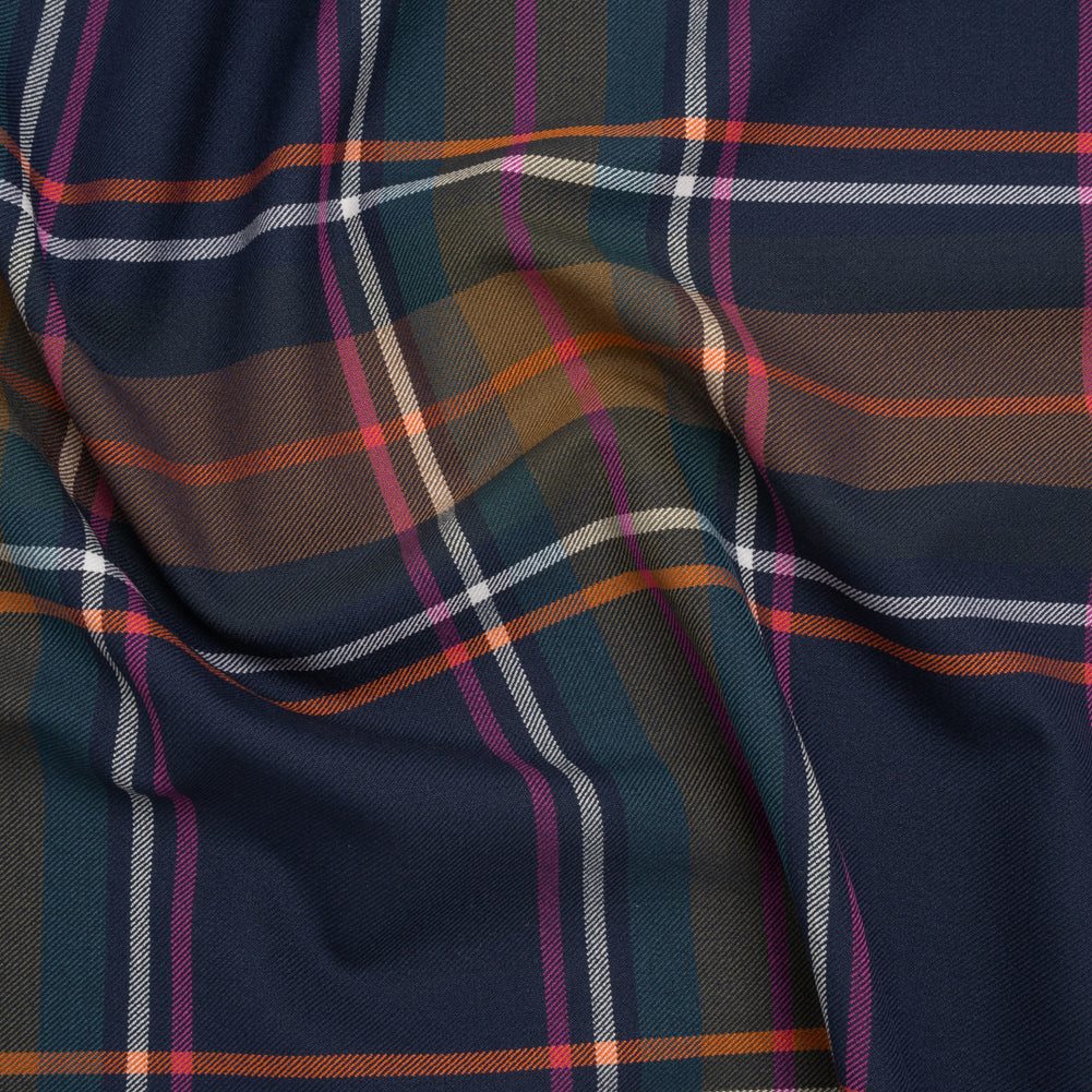 Stretch Polyester and Viscose Twill by Trina Turk - Navy, Olive and Pink Plaid - Designer Deadstock - Joann Fabrics