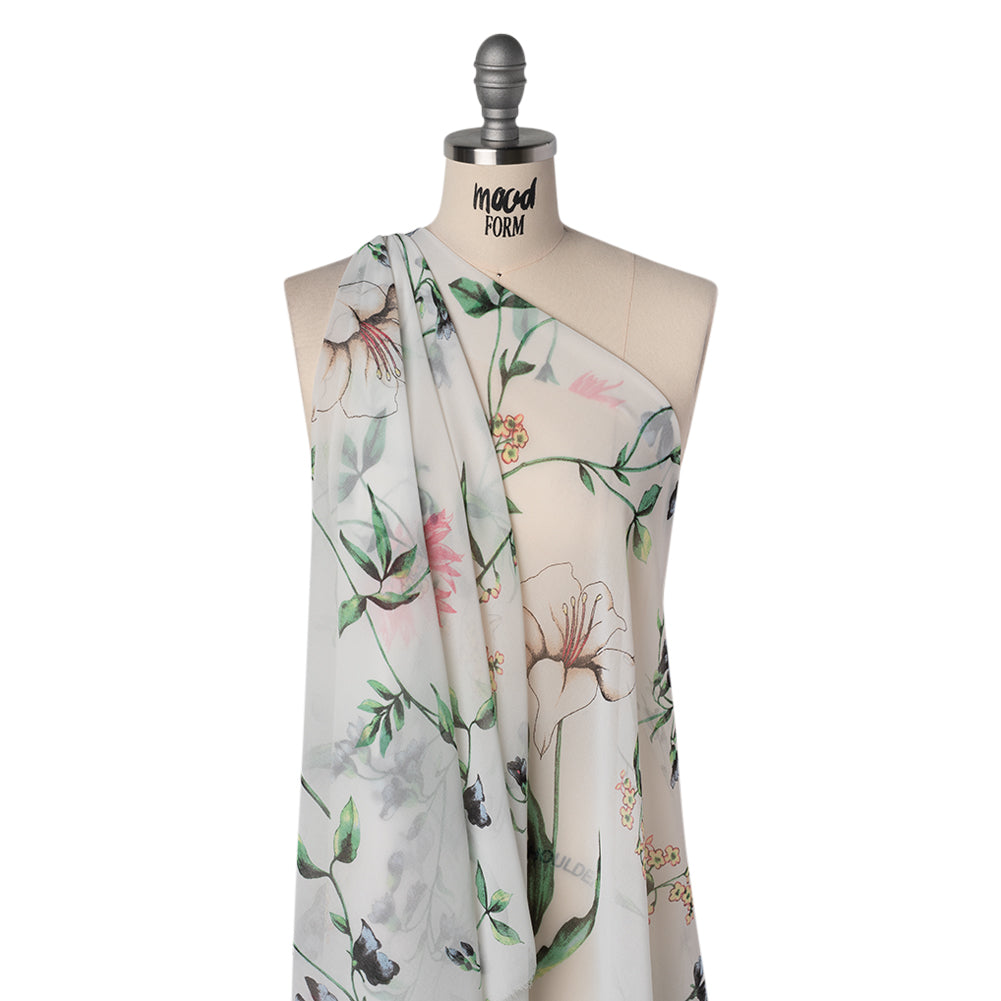 Polyester Chiffon Print - White, Green and Pink Delicate Florals - Designer Deadstock - Joann Fabrics