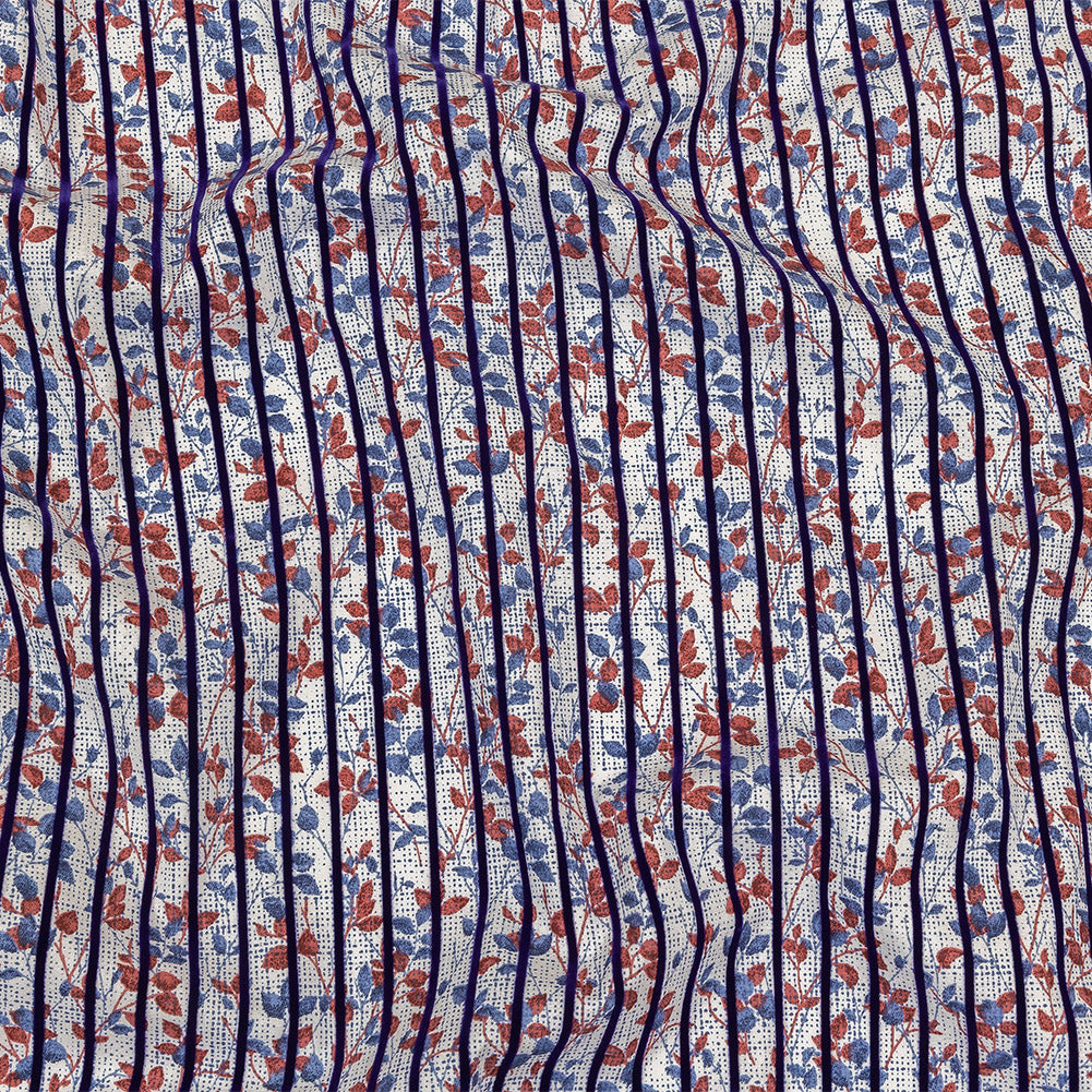Navy Flocked Stripes on Red, Blue and White Leafy Cotton Shirting with Give - Joann Fabrics