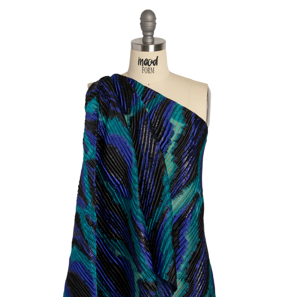 Metallic Black, Royal and Teal Abstract Islands Ribbed Burnout Luxury Brocade - Joann Fabrics