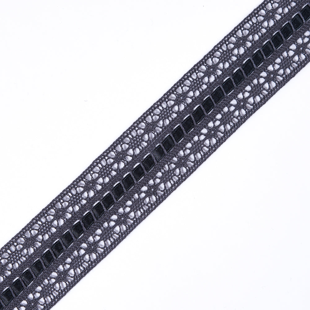 European Gray Crochet Trim with Satin Ribbon Detail - 1.5