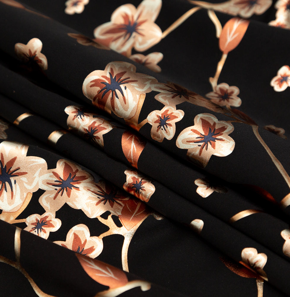 Black Ponte Knit with Rust Floral Foil Design - Joann Fabrics