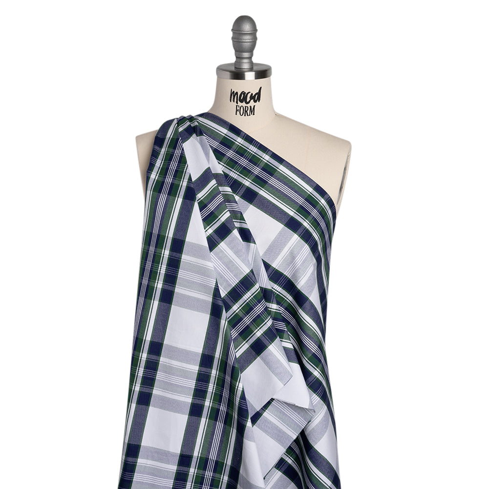 Cotton Oxford Shirting - Navy, Dark Green and White Plaid - Deadstock - Joann Fabrics