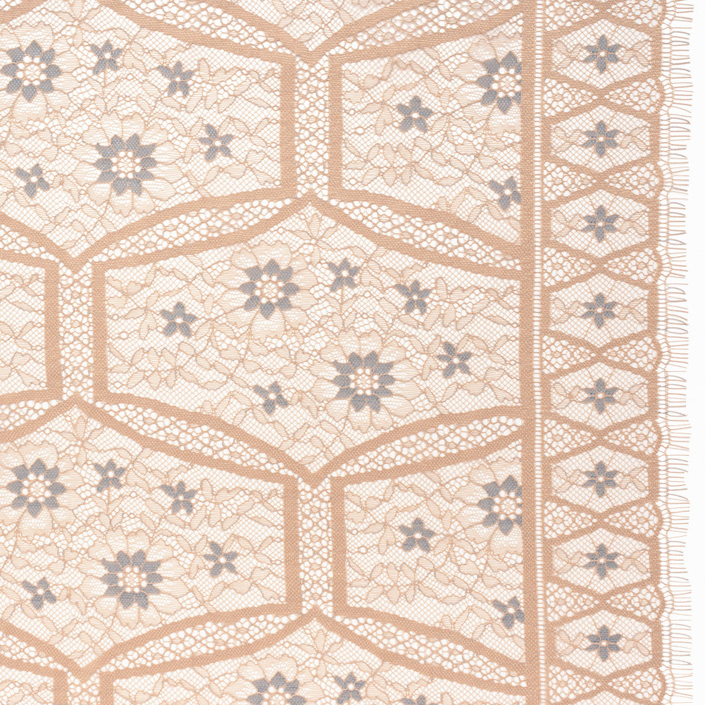 Raschel Lace Panel with Finished Edges - Sand and Steel Blue Geometric and Floral - Joann Fabrics