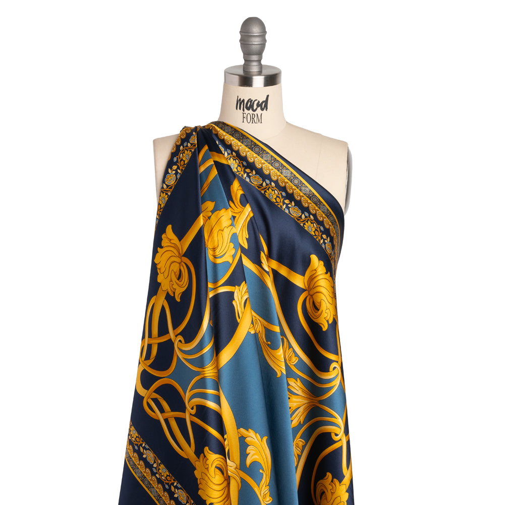 Silk Charmeuse Panel Print - Navy, Country Blue and Gold Ornate Florals - Made in Italy - Joann Fabrics
