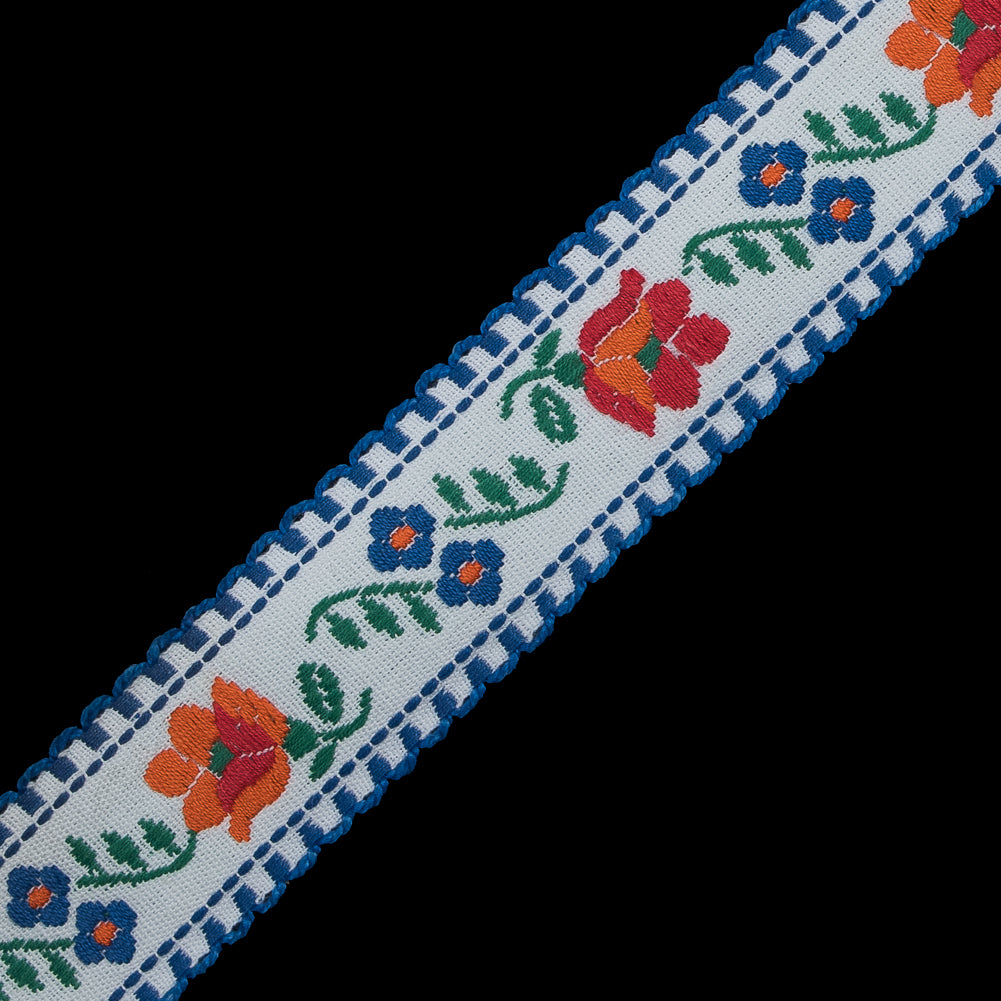 Blue and White Floral German Jacquard Ribbon - 1