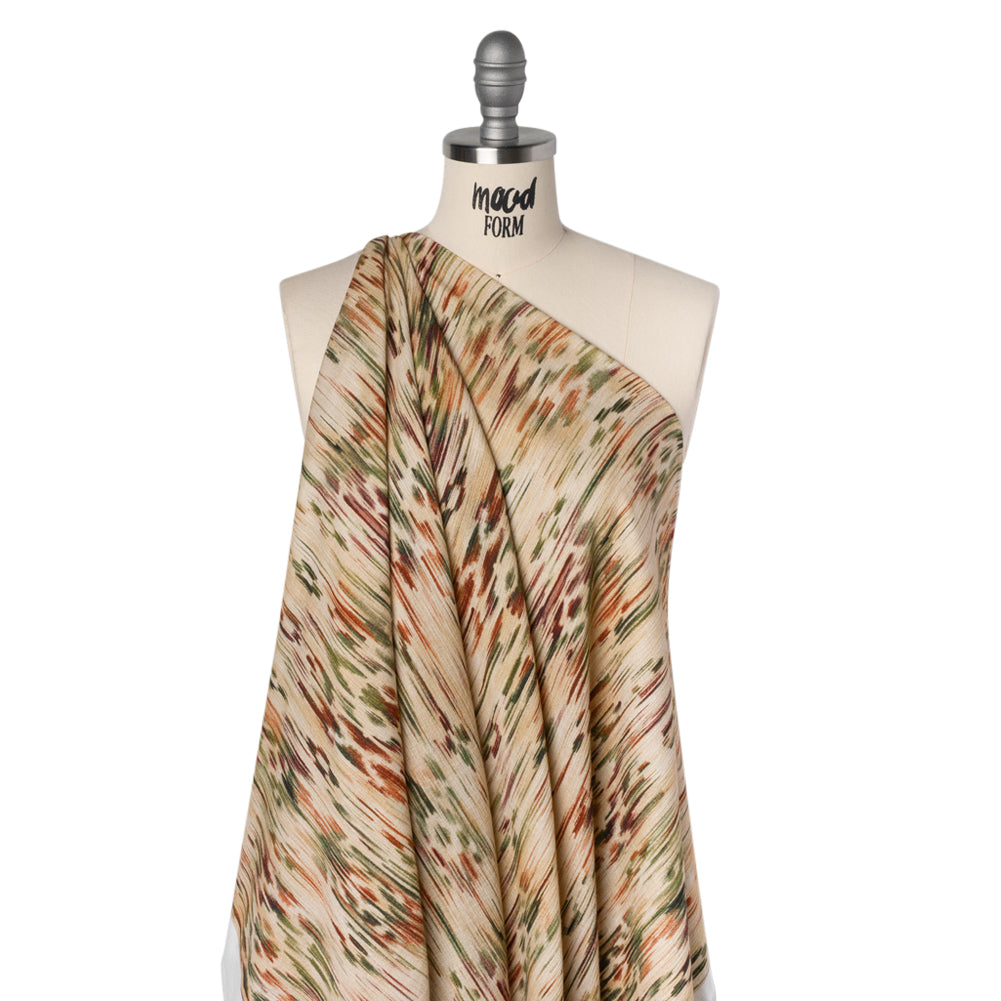 Slubbed Gauzy Cotton Woven - Beige, Burgundy and Green Abstract Painterly Ikat - Mood Exclusive Striate Shot Print - Joann Fabrics