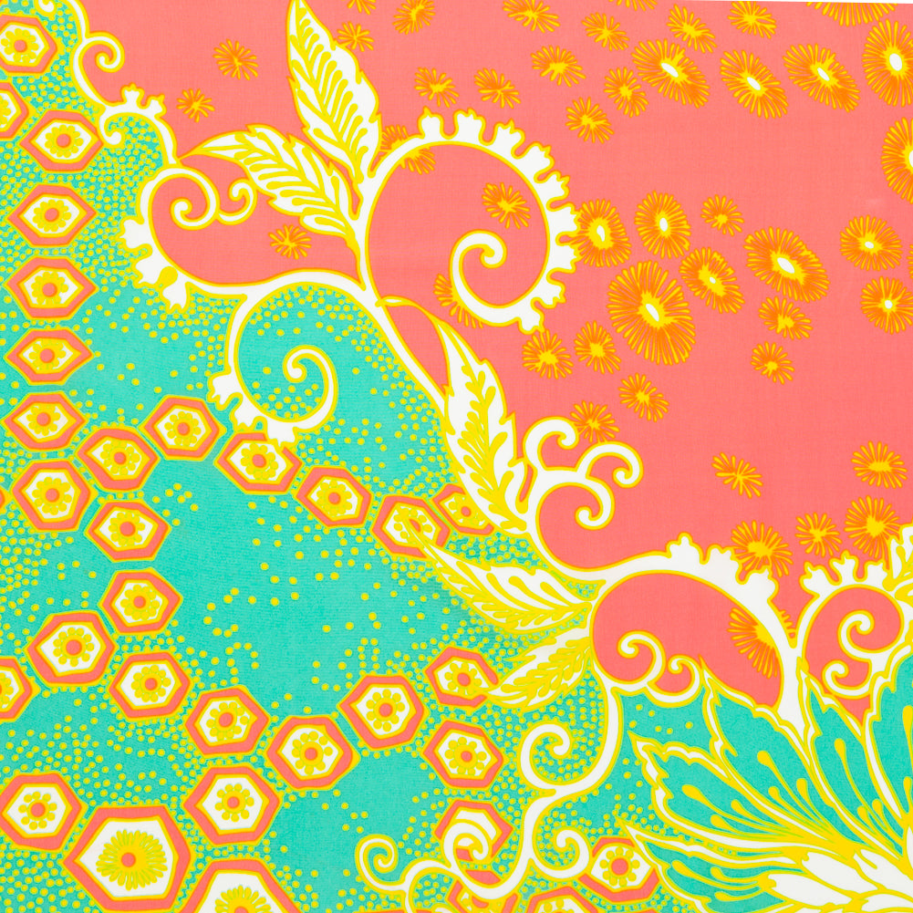 Aqua and Coral Geometric and Floral Printed Silk Crepe de Chine - Joann Fabrics