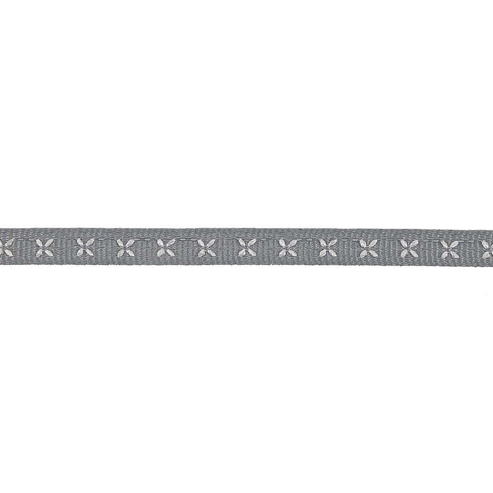 Gray Grosgrain Ribbon with Blanc de Blanc Stitched Flowers - 0.25