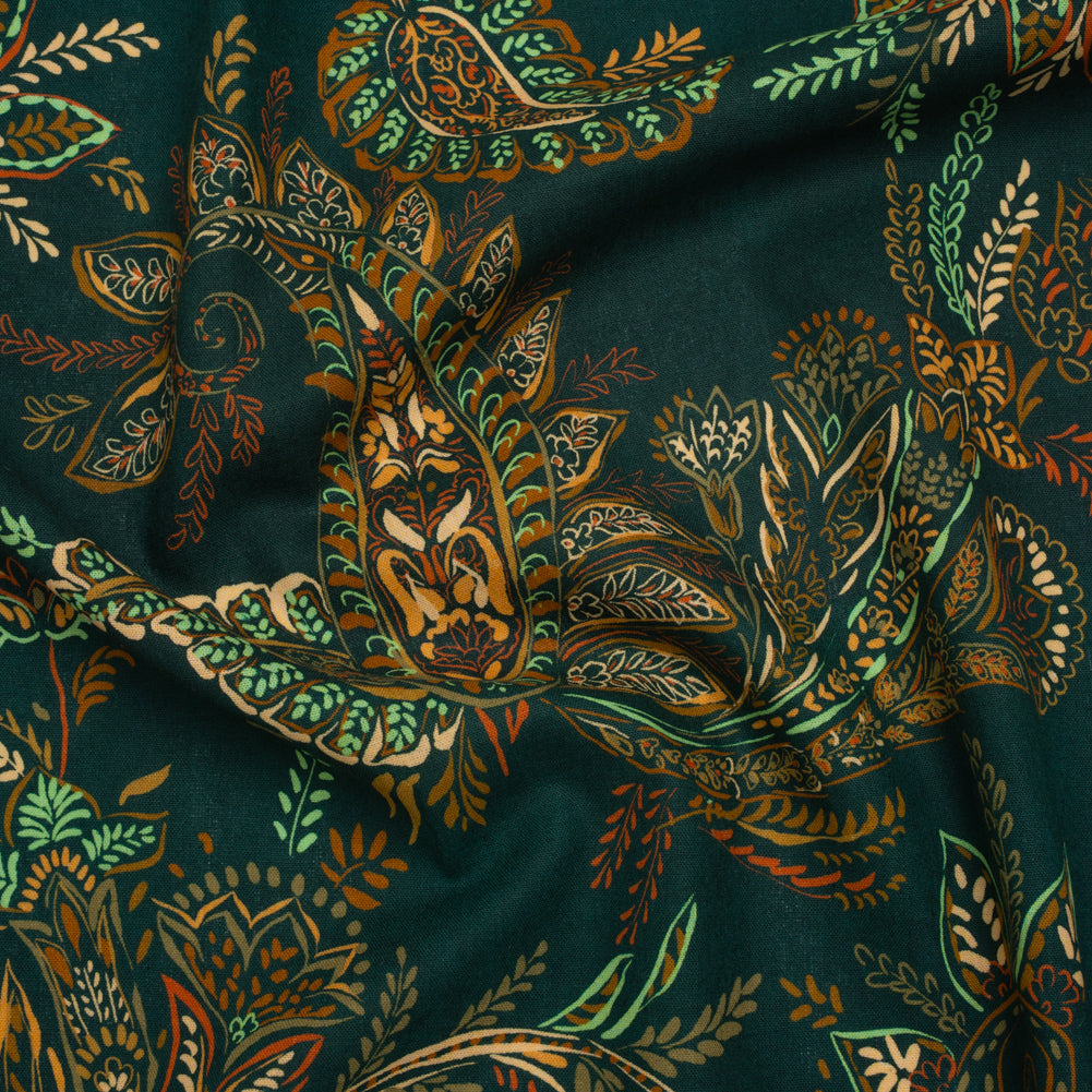 Linen and Rayon Woven - Dark Green, Olive and Burn Orange Paisley Floral - Mood Exclusive Lush Labyrinth Print - Joann Fabrics