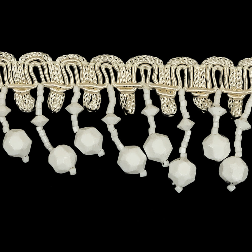 Vintage Chalk White Faceted and Seed Beaded Fringe on Ivory Braid - 1.5