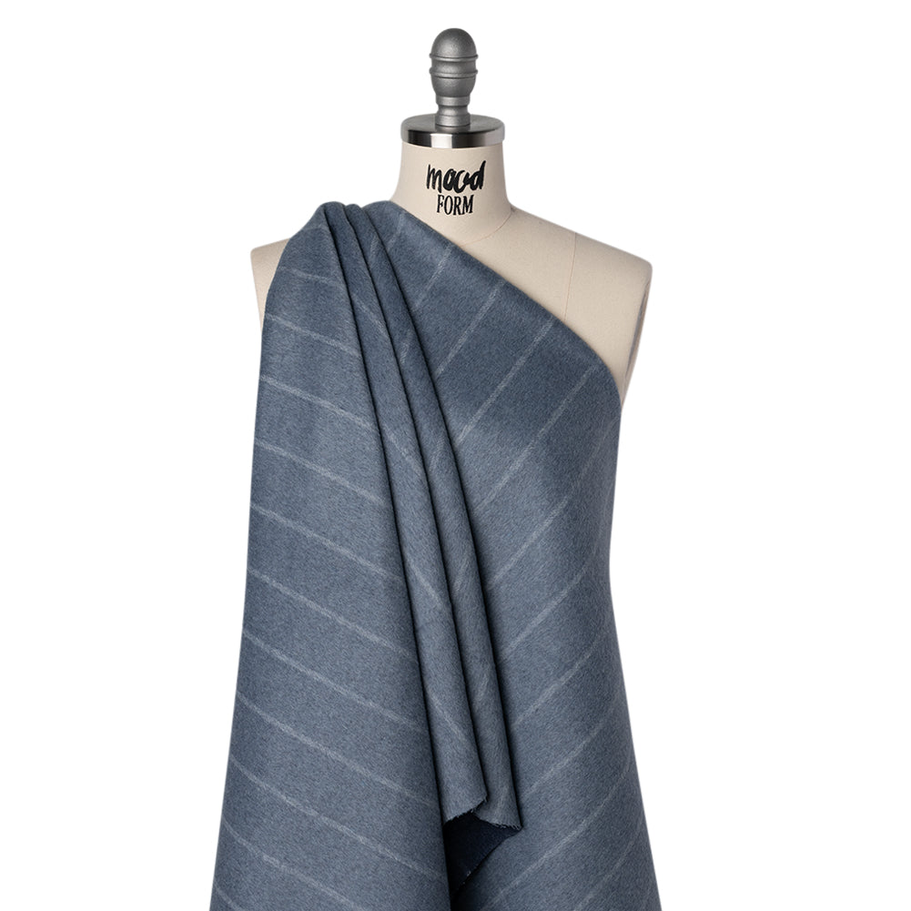 Brushed Wool Double Cloth Coating - Light Blue and Navy Chalk Stripes - Deadstock - Joann Fabrics
