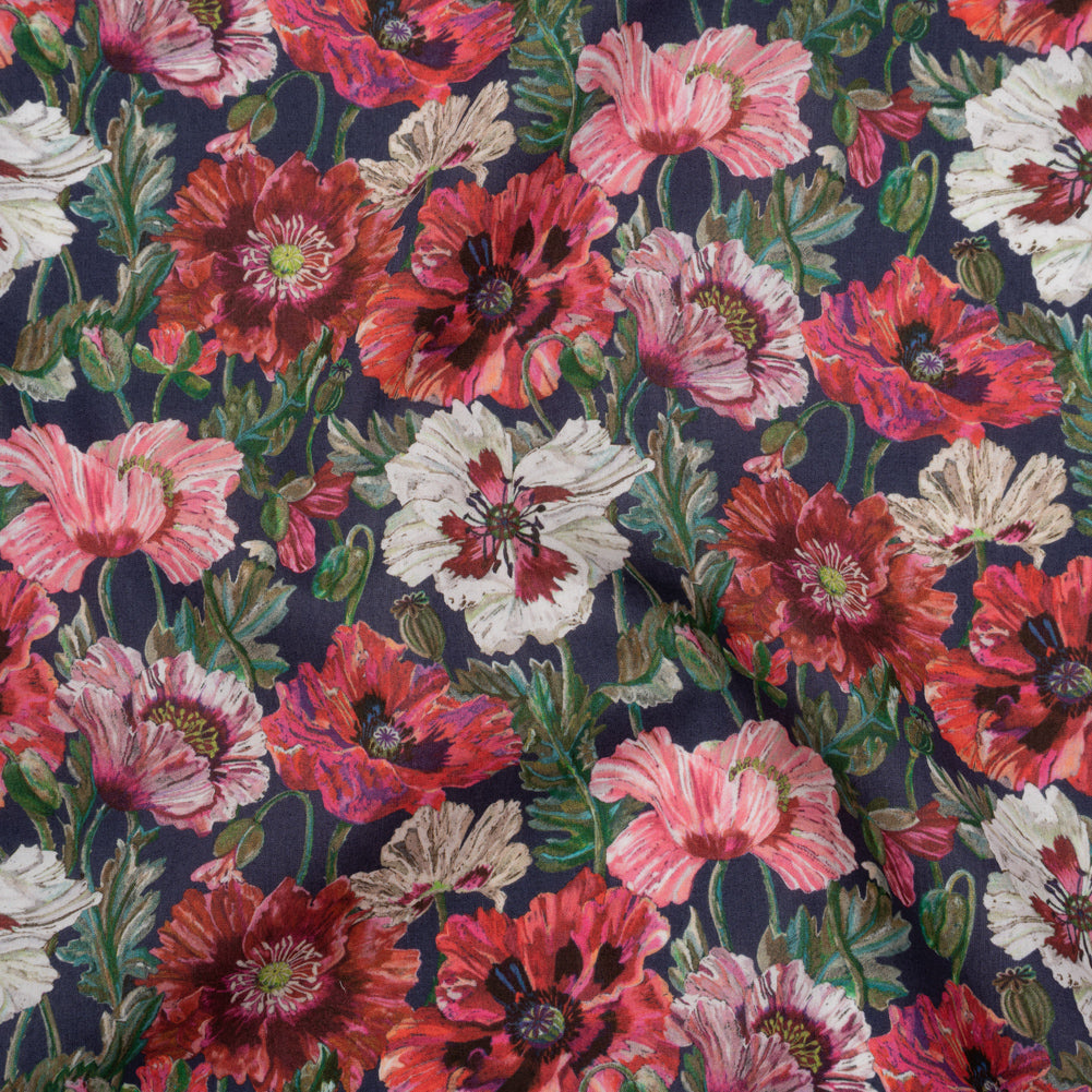 Liberty Fabrics Tana Lawn® - Poppy Amelie Dark Blue - Red, Green and Navy Poppy Flower Field - Joann Fabrics