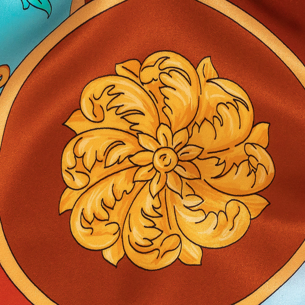 Mood Exclusive Italian Rust, Sun Orange and Bachelor Button Ornate Digitally Printed Silk Charmeuse - Joann Fabrics