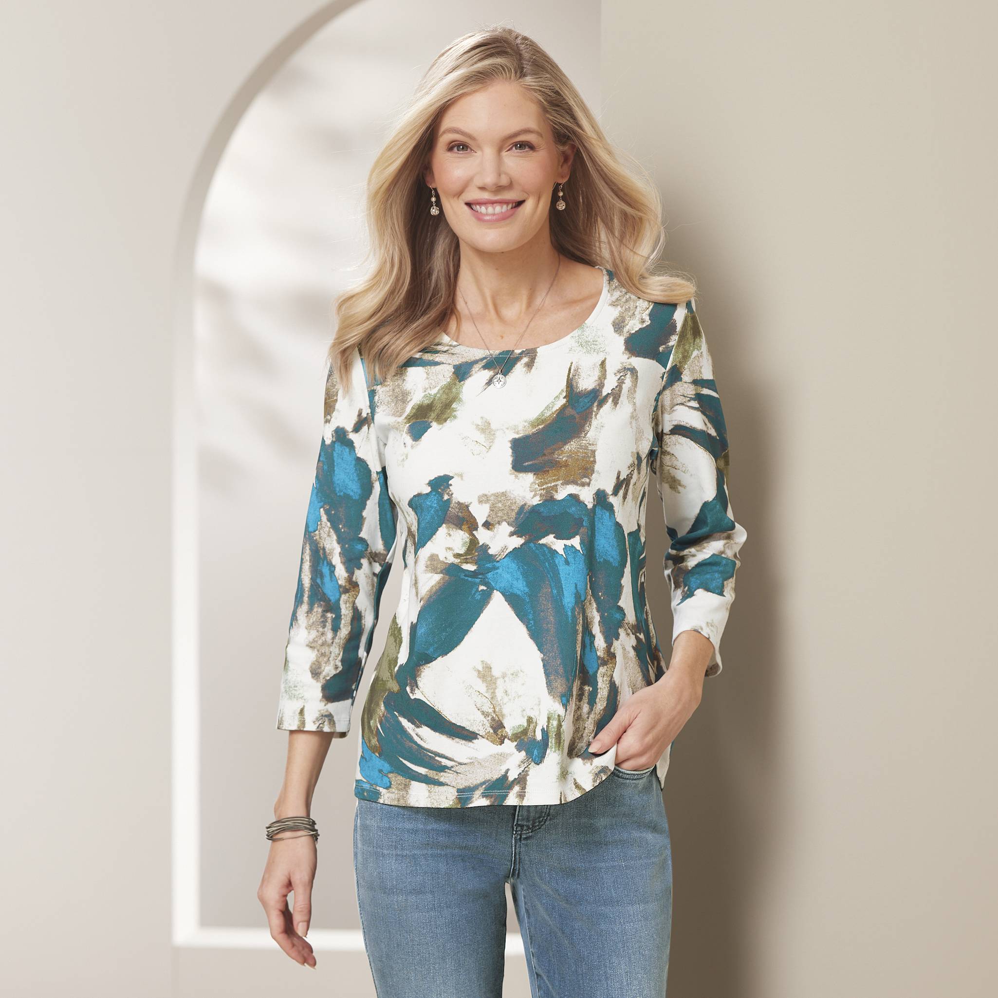 Supima Cotton Brushstroke Knit Top, Rounded Neck, 3/4 Sleeves - Northstyle Catalog