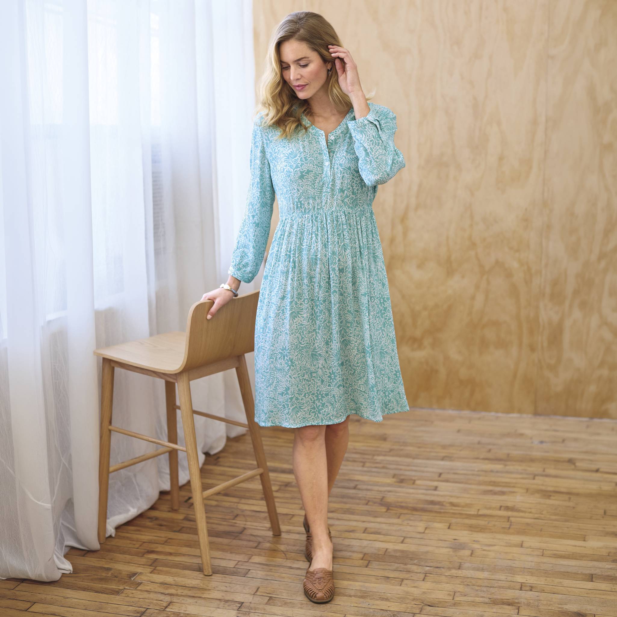 Crinkle Print Dress, V-Neck, 3-Button Placket, 3/4 Cuffed Sleeves - Northstyle Catalog