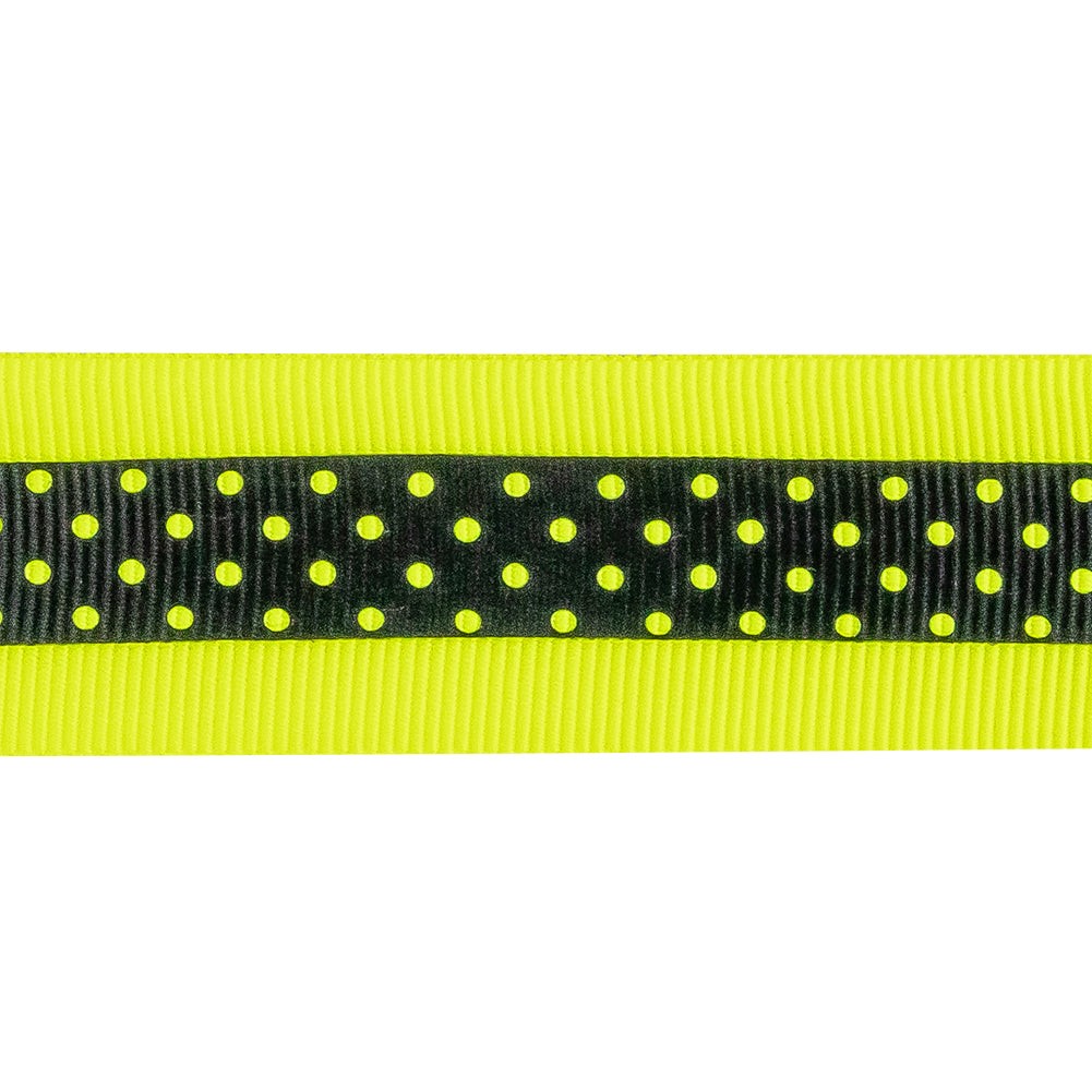 Italian Neon Yellow and Black Polka Dot Striped Petersham Grosgrain Ribbon - 1