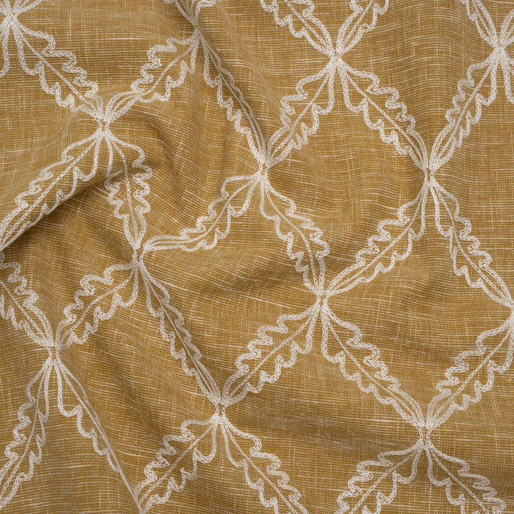 Embroidered Polyester and Cotton Woven - Ochre Leaf Diamonds - British Imported - Joann Fabrics