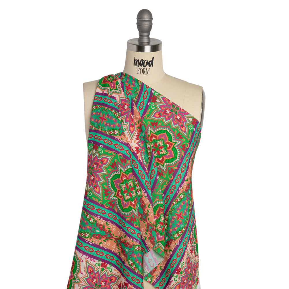 Viscose Crepe Print - Green and Pink Floral Medallion Stripes - Mood Exclusive Happy Hayday - Joann Fabrics