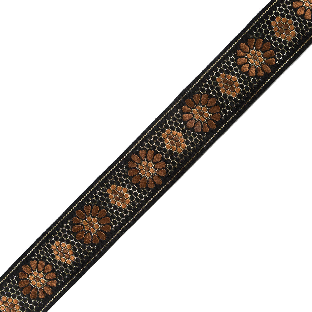Black, Brown and Orange Metallic Geometric Jacquard Ribbon - 1.5