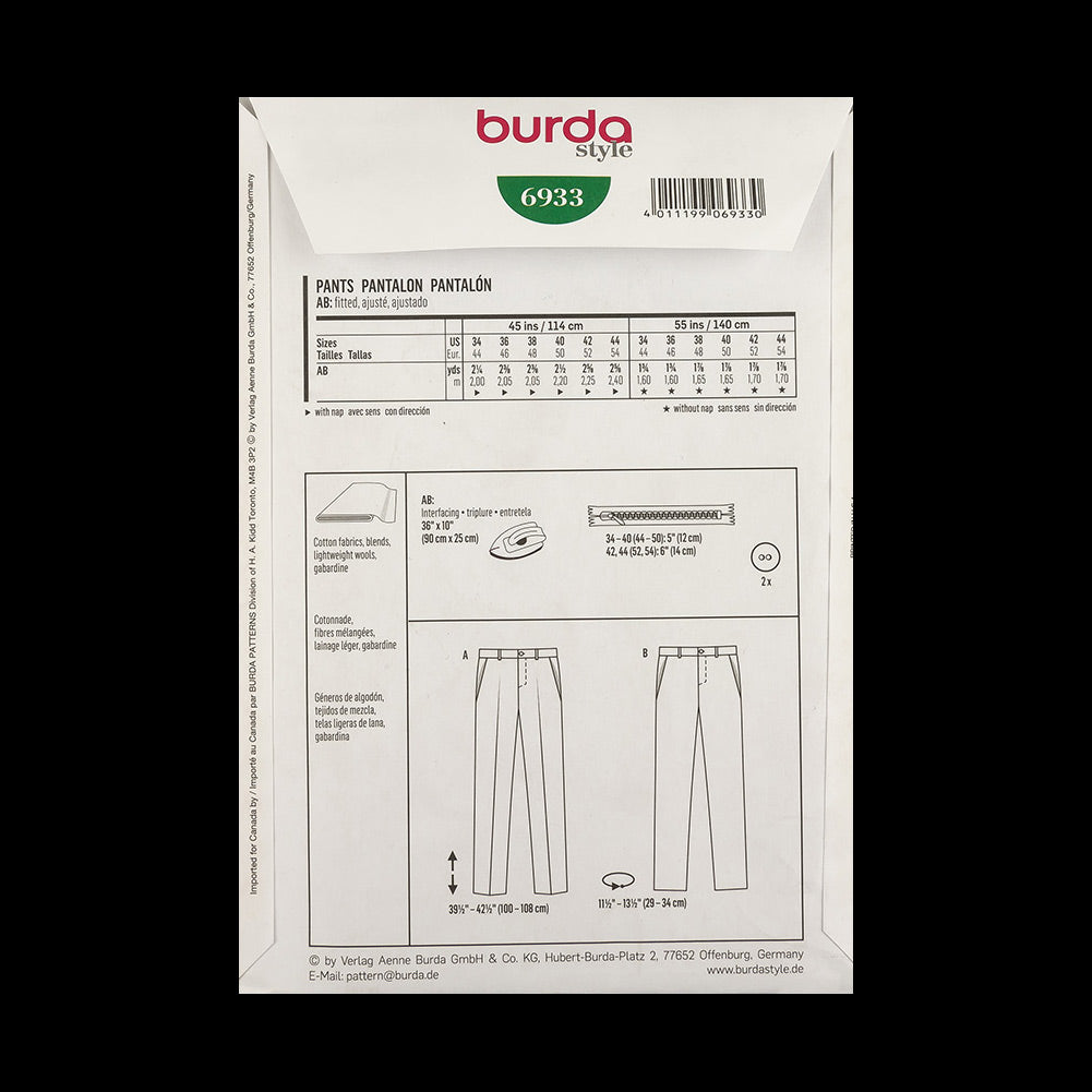 Burda Men's Pants Pattern 6933 Size US 34-44 - Joann Fabrics