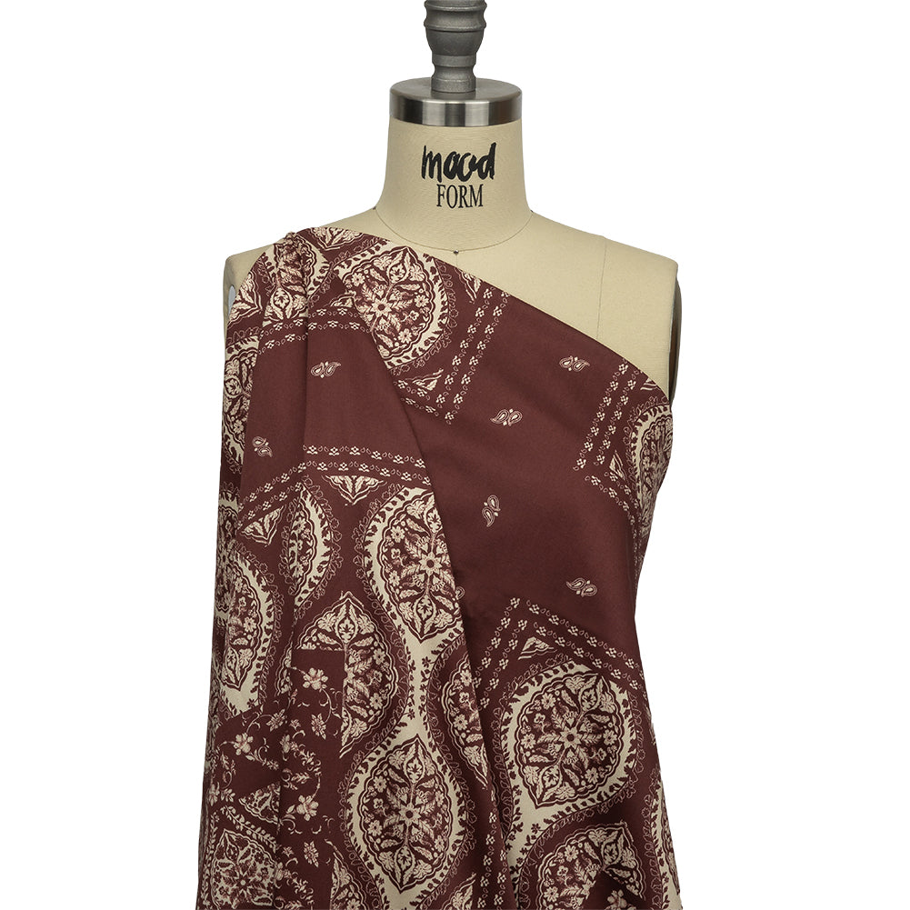 Stretch Cotton Sateen - Beige and Burgundy Paisley - Impressions in Time Print - Mood Exclusive Rockland Collection - Joann Fabrics