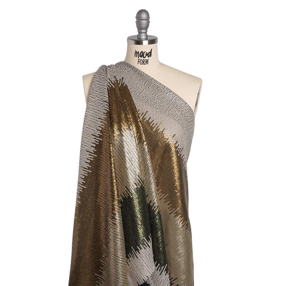 Baby Sequins on Black Stretch Mesh - Olive Green, Light Beige and Tan Ikat Stripes - Deadstock - Joann Fabrics