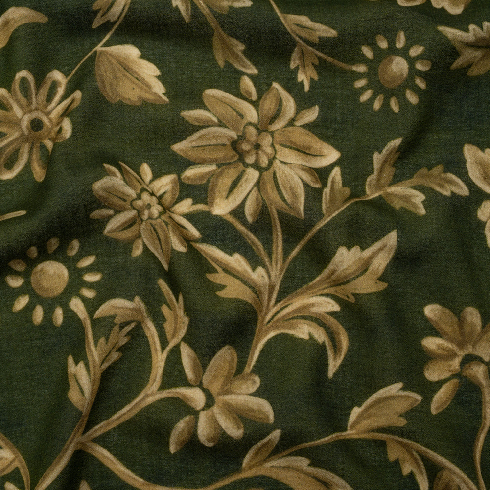 Cotton Crepe - Forest Green and Muted Gold Ornate Floral Vines - Mood Exclusive Gilded Vines Print - Joann Fabrics