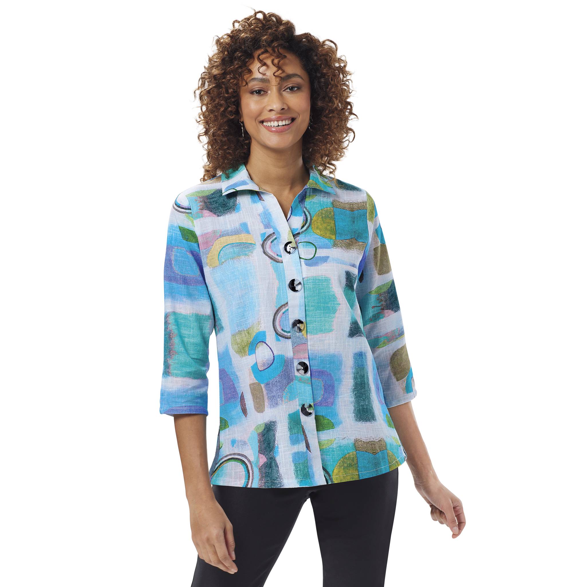 Button-Front Serenity Shirt, 3/4 Sleeves, Curved Hem - Northstyle Catalog