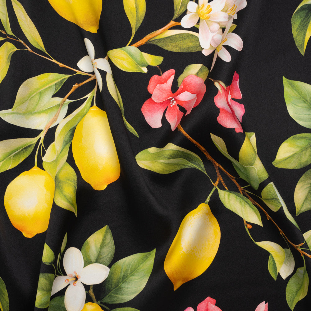 Silk Charmeuse Print 16MM, Made in Italy - Black, Green and Yellow Blossoming Lemon Tree - Joann Fabrics