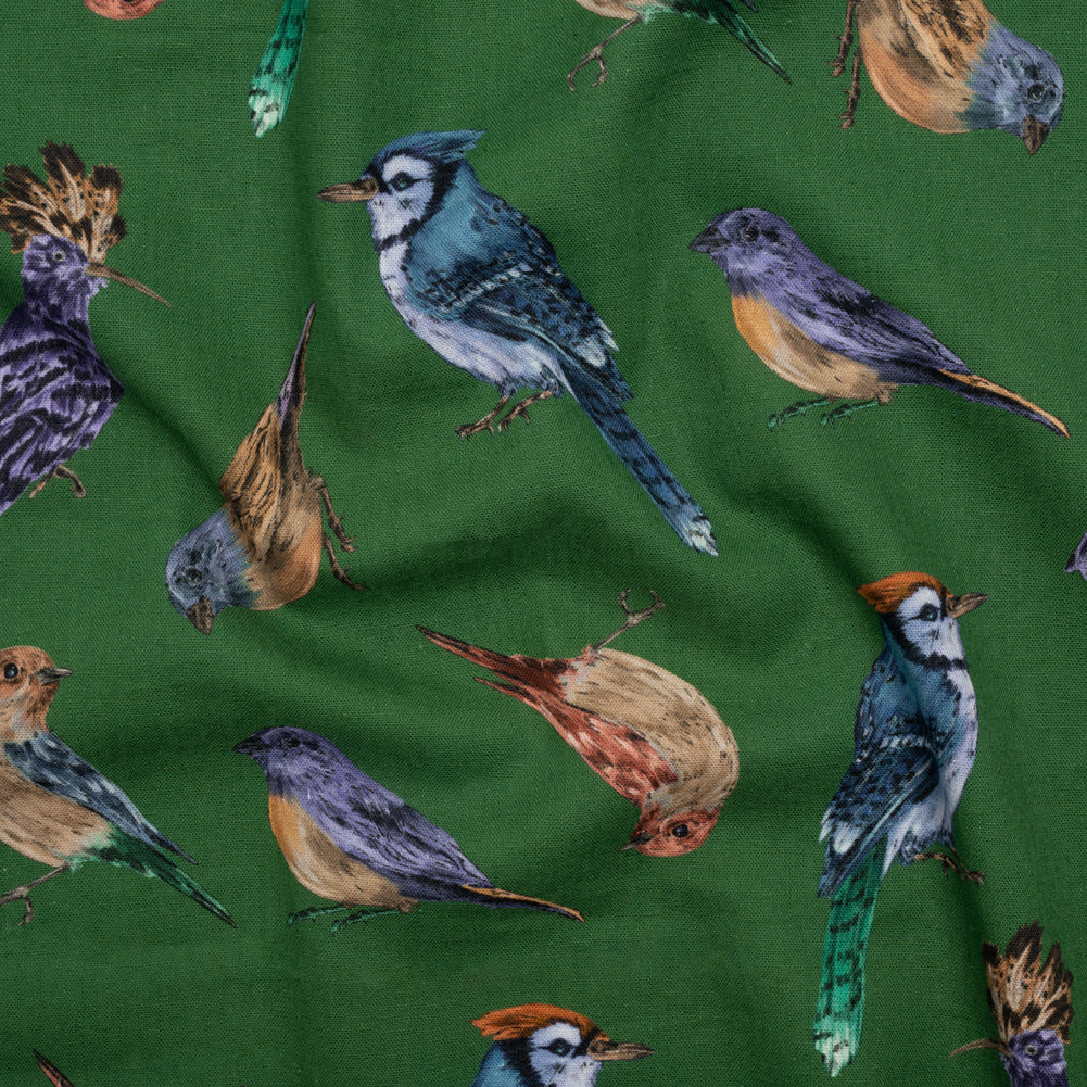 Linen and Rayon Woven - Green, Blue and Beige Little Birds - Birdsong Saunter Print - Mood Exclusive Acadia Collection - Joann Fabrics